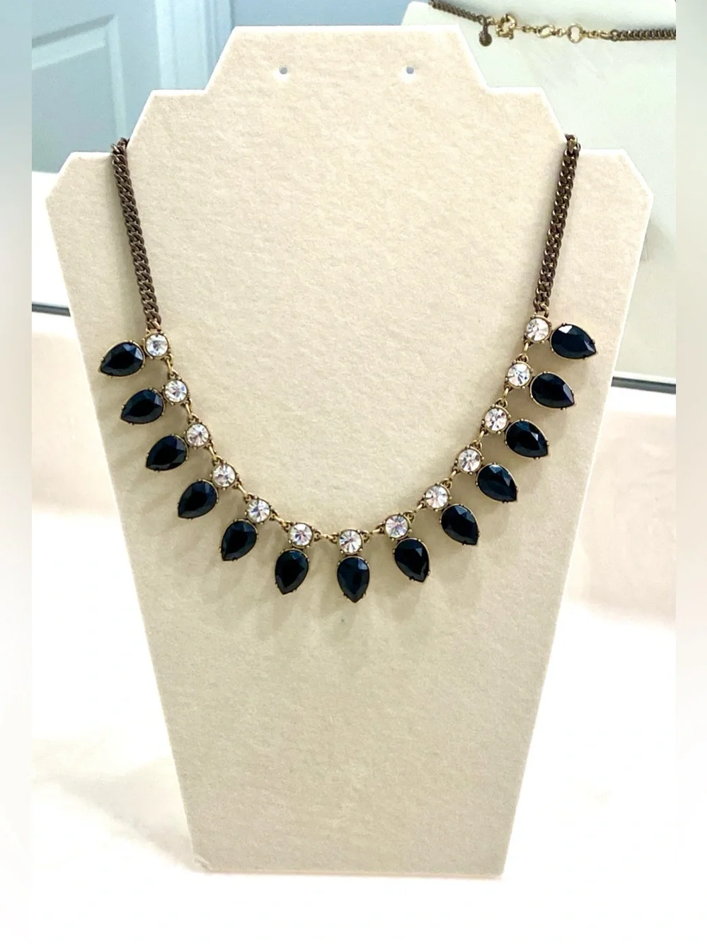 J. Crew Shimmering Gold-Tone Necklace with Black Teardrop and Clear Stones